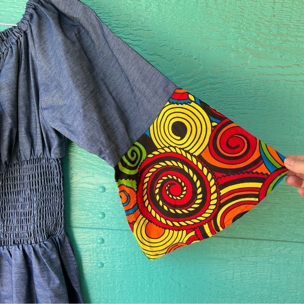 DENIM SMOCKED FIESTA MAXI DRESS SIZE LARGE LIGHTWEIGHT NWT POCKETS - Picture 9 of 12